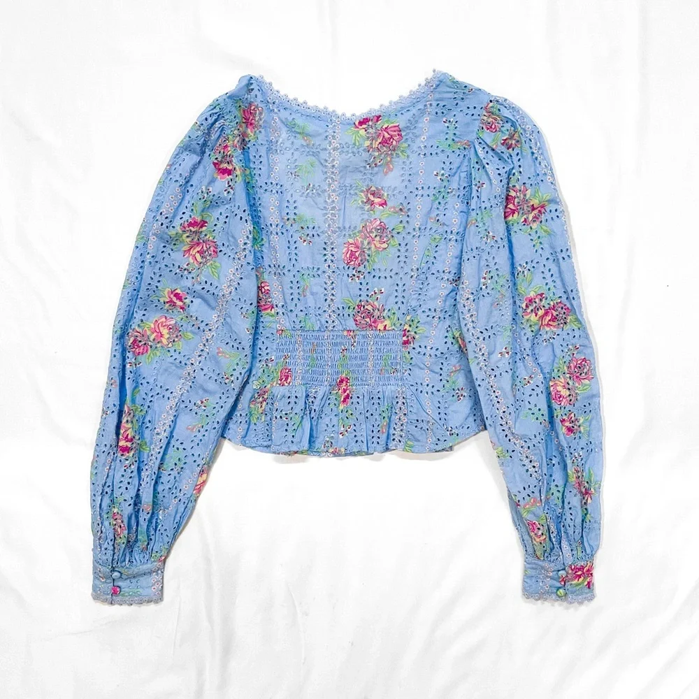 Free People Blue Floral Blossom Eyelet Top • NWT